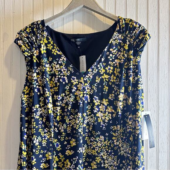 Maggy London Floral Print V Neck Dress Navy Blue & Yellow NEW - Picture 3 of 4